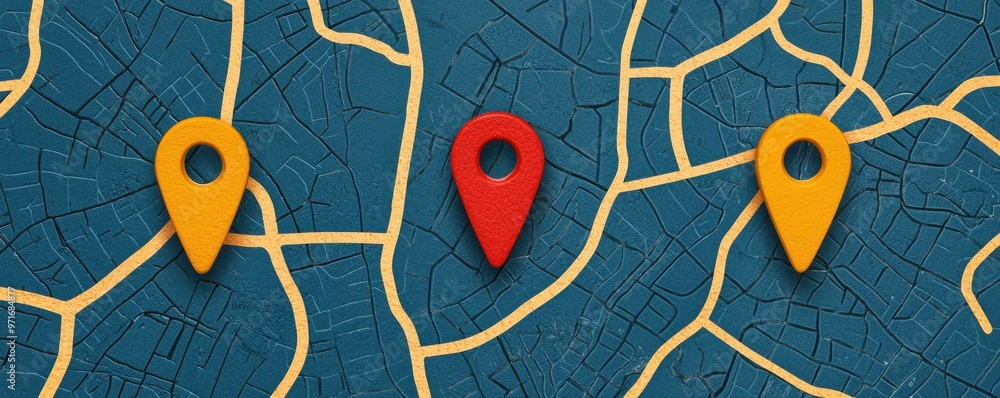 Poster colorful map markers on a textured background, symbolizing location, navigation, and exploration in 
