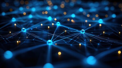 A glowing AI-powered social network with algorithms visualized as interconnected nodes, symbolizing digital connectivity and communication