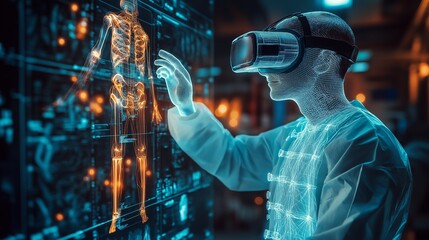 A scientist wearing a virtual reality headset interacts with a holographic human skeleton in a high-tech laboratory