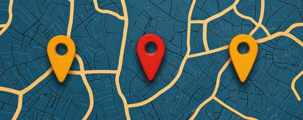Colorful map markers on a textured background, symbolizing location, navigation, and exploration in a modern context.