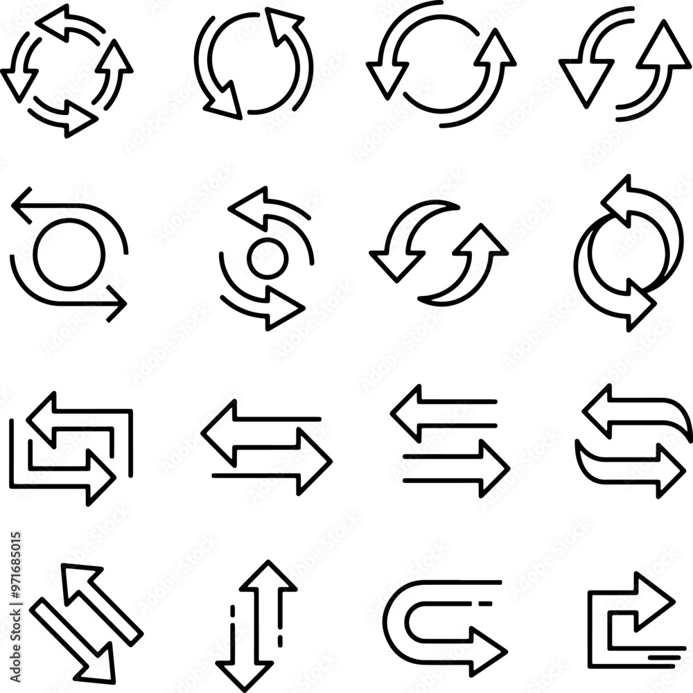 Poster icon set of spinning rotating arrows. circular round icons for recycling recycled product ecology ec