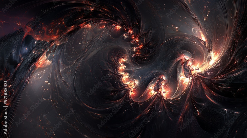Poster abstract digital art with swirling, fiery patterns.