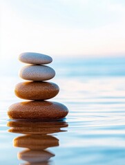 A serene stack of smooth stones balanced on water, symbolizing tranquility and harmony in nature's beauty.