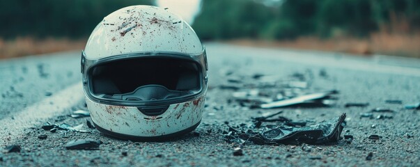 A damaged motorcycle helmet rests on a deserted road, surrounded by shattered glass, symbolizing the aftermath of an accident.