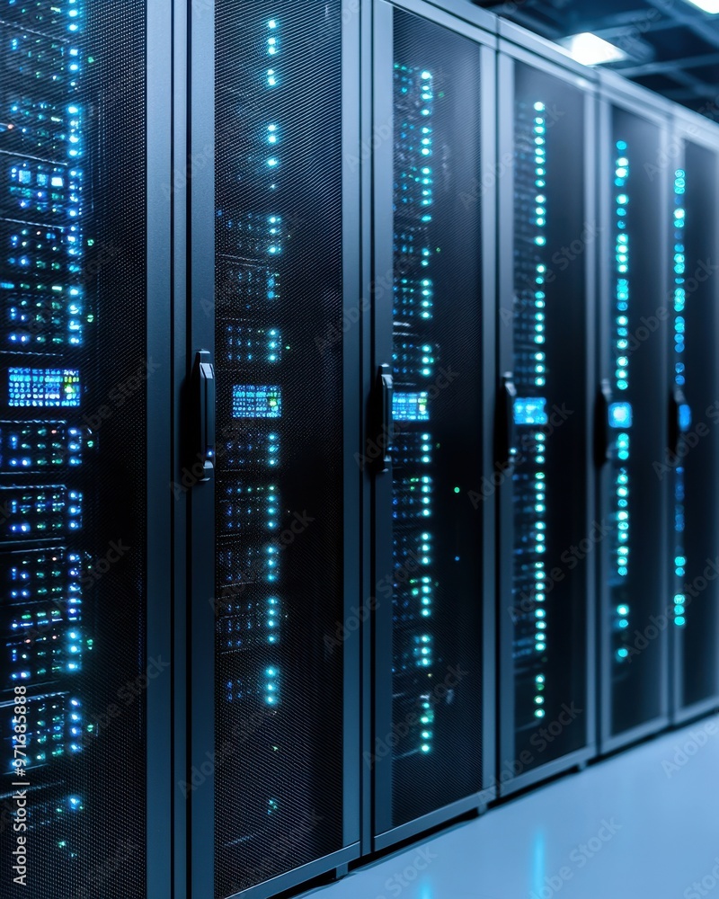 Poster high-tech data center featuring sleek server racks illuminated with blue lights, showcasing modern c