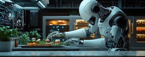 An AI-powered robotic chef preparing a gourmet meal in a futuristic kitchen, symbolizing the culinary applications of AI