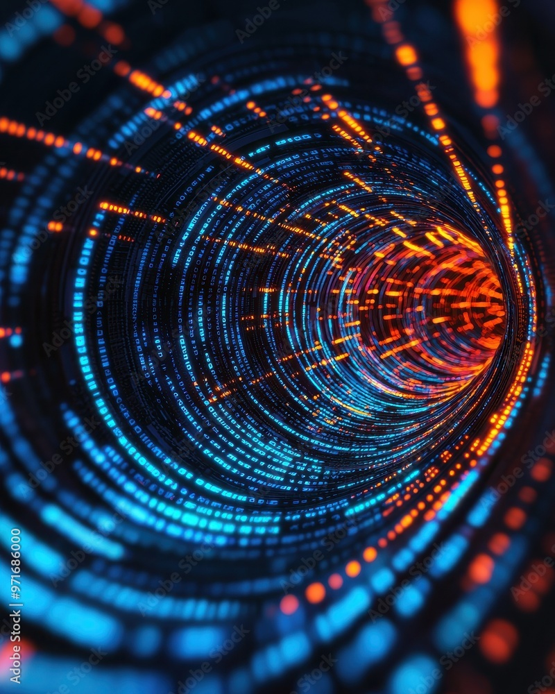Poster a vibrant swirl of blue and orange lights creating a dynamic, abstract tunnel effect, perfect for te