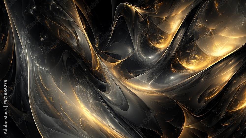 Poster abstract golden and black fractal pattern with swirling lines and glowing light.