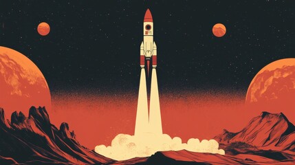 Naklejka premium Vintage Mars mission poster showcasing a rocket launch from the Martian surface in retro style