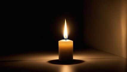 A lit candle casting a warm glow in a dark setting, symbolizing peace and reflection.