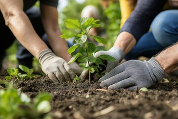 A group of diverse elderly people planting small trees in a park, showcasing community action for environmental sustainability