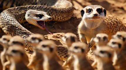 Obraz premium A Meerkat Faces Off Against a Striking Cobra Snake