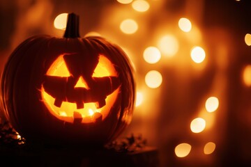 Fototapeta premium A Halloween pumpkin illuminated by soft lights against a blurred background, in a close-up shot he warm glow of the light creates an atmosphere of mystery and enchantment Generative AI