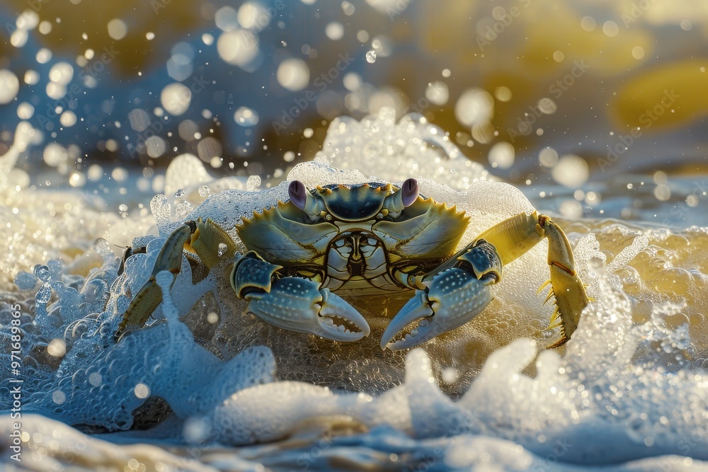 Poster A vibrant red crab navigating the foamy surf on a sunny beach during low tide with gentle waves splashing around its sturdy shell