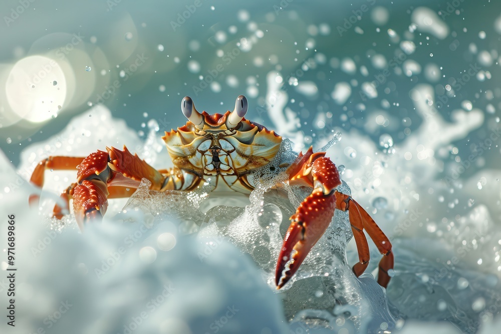 Poster A vibrant red crab navigating the foamy surf on a sunny beach during low tide with gentle waves splashing around its sturdy shell