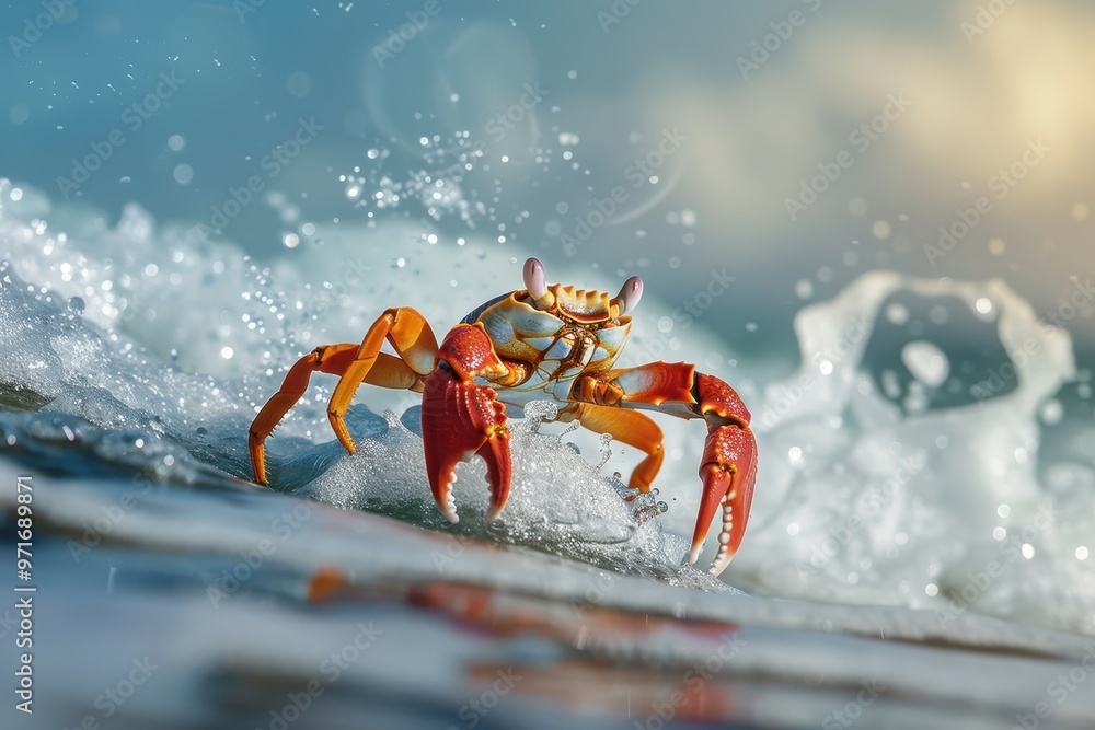 Aufkleber a vibrant red crab navigating the foamy surf on a sunny beach during low tide with gentle waves spla