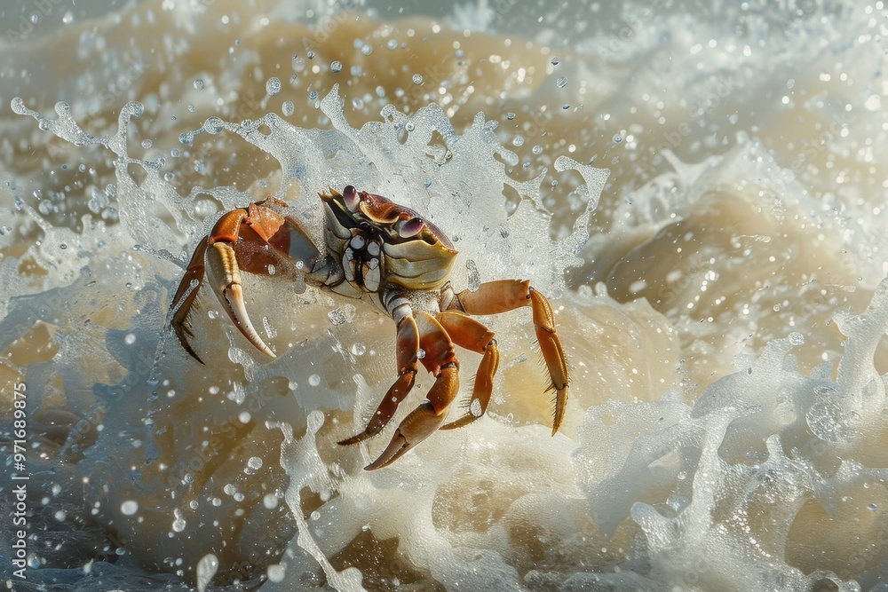Aufkleber A vibrant red crab navigating the foamy surf on a sunny beach during low tide with gentle waves splashing around its sturdy shell