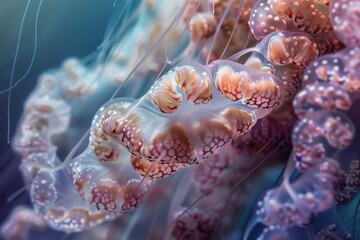 Delicate jellyfish pulsating gracefully in vibrant blue water, highlighting intricate patterns and translucent body structures, captured in a serene underwater environment