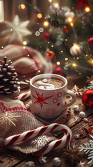 Fototapeta premium Festive Hot Chocolate with Christmas Decorations and Candy Cane