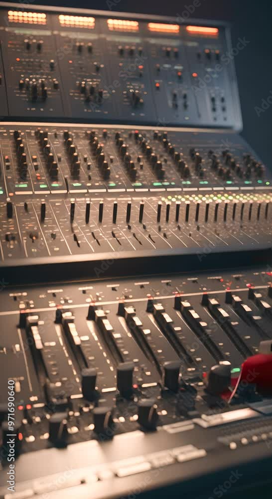 Poster audio mixing console in a recording studio 4k animation vertical