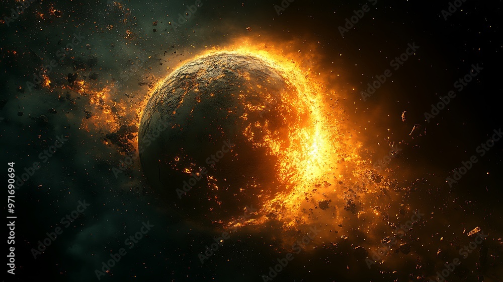 Poster a burning planet explodes in space, engulfed in flames and debris.