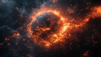 Obraz premium A burning planet engulfed in flames, surrounded by a vast, dark space.