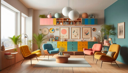 Japandi, minimalist interior design of modern living room with terra cotta sofa and colorful pillows