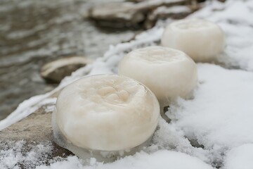 Frozen bubbles trapped in a sheet of ice on a lake, with intricate patterns and a snow-covered shoreline in warm tones