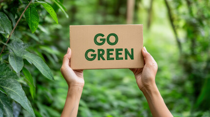 illustration of hands holding a sign with the text Go Green against forest background