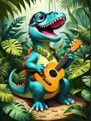 Naklejka premium A cheerful dinosaur wearing glasses plays a ukulele in a lush, tropical setting.