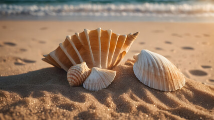 Seashells by the sea. beach holiday. beautiful summer background. seashells by the sea. AI generated image, ai