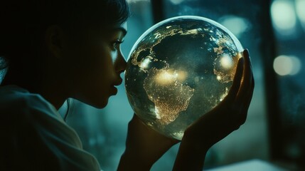 Fototapeta premium A Woman Holding and Looking at a Globe of the Earth