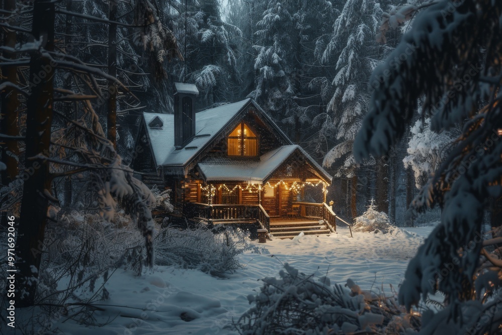 Poster a cozy cabin nestled in a snowy forest at twilight, featuring warm lights glowing from within and tr