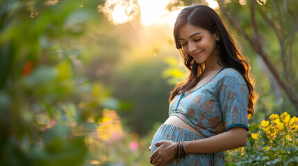 Pregnant Woman in a Floral Dress Holding Her Belly in a Garden