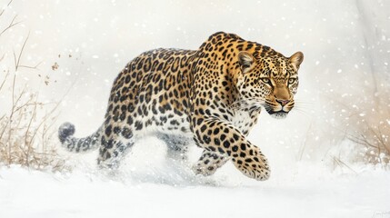 A Leopard Running Through a Snowy Forest