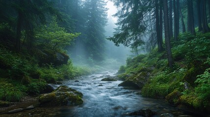 Obraz premium Mystical Forest River Scene with Fog and Lush Greenery