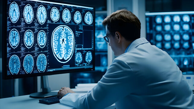 Doctor Analyzing Brain Scans on Computer Monitor