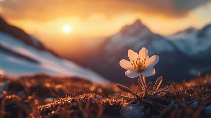 Single Flower in Mountain Landscape at Sunset, Hope, Resilience, and New Beginnings