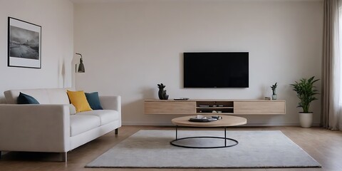 Fototapeta premium Modern Living Room with Cozy Sofa, Stylish Decor, and Natural Light - Perfect for Relaxation and Entertaining