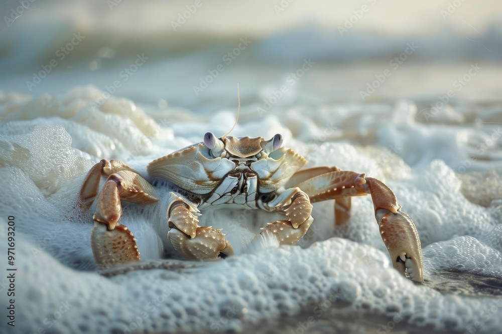 Poster a vibrant crab stands on wet sand at the shoreline during low tide, showcasing its colorful shell wh