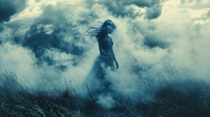 A Woman in a Dress Disappears into Fog and Clouds