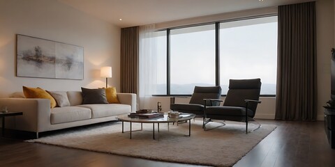 Fototapeta premium Modern Living Room with Cozy Sofa, Stylish Decor, and Natural Light - Perfect for Relaxation and Entertaining