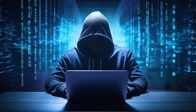 internet security and data protection concept, hacker in dark hoodie hacking into corporate system - Powered by Adobe