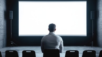 Man Watching Blank Screen in Auditorium