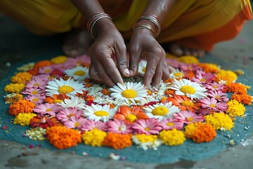 Close-up of hands carefully arranging vibrant flowers to create a beautiful rangoli design.