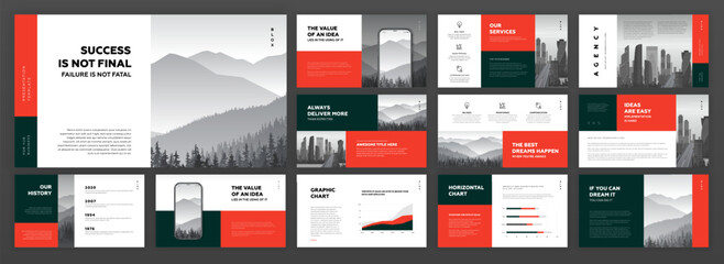 Creative Powerpoint presentation template set. Modern Keynote presentation background, brochure cover design, brand guidelines, proposal presentation, annual report, company profile, pitch deck.