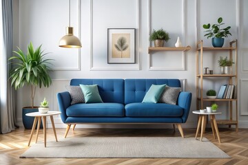 Fototapeta premium Domestic and cozy interior of living room with blue sofa, plants, shelf, coffee table, boucle rug, mock up poster frame, side table, plant and elegant decoration Beige wall. Home decor. Template