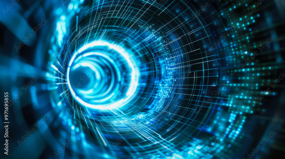 Poster dynamic blue digital tunnel visualizing data flow through a futuristic network environment