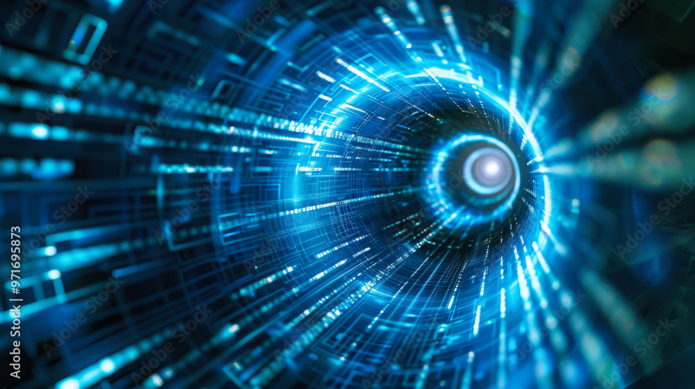 Aufkleber Dynamic blue digital tunnel visualizing data flow through a futuristic network environment