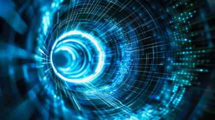 Dynamic blue digital tunnel visualizing data flow through a futuristic network environment